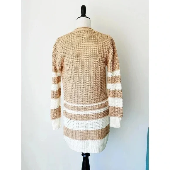 Striped Long Cardigan with Pockets Tan and Cream Size S - Picture 2 of 7